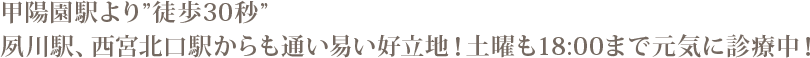 甲陽園駅より”徒歩30秒”夙川駅、西宮北口駅からも通い易い好立地！土曜も18:00まで元気に診療中！